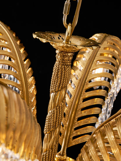 Brass Palm Leaf Crystal Chandelier