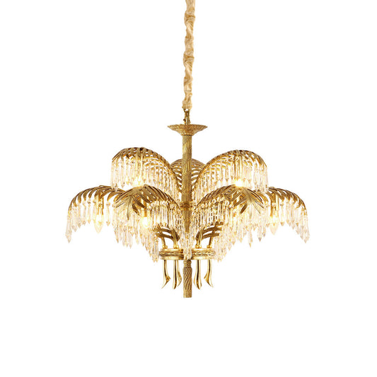 Brass Palm Leaf Crystal Chandelier