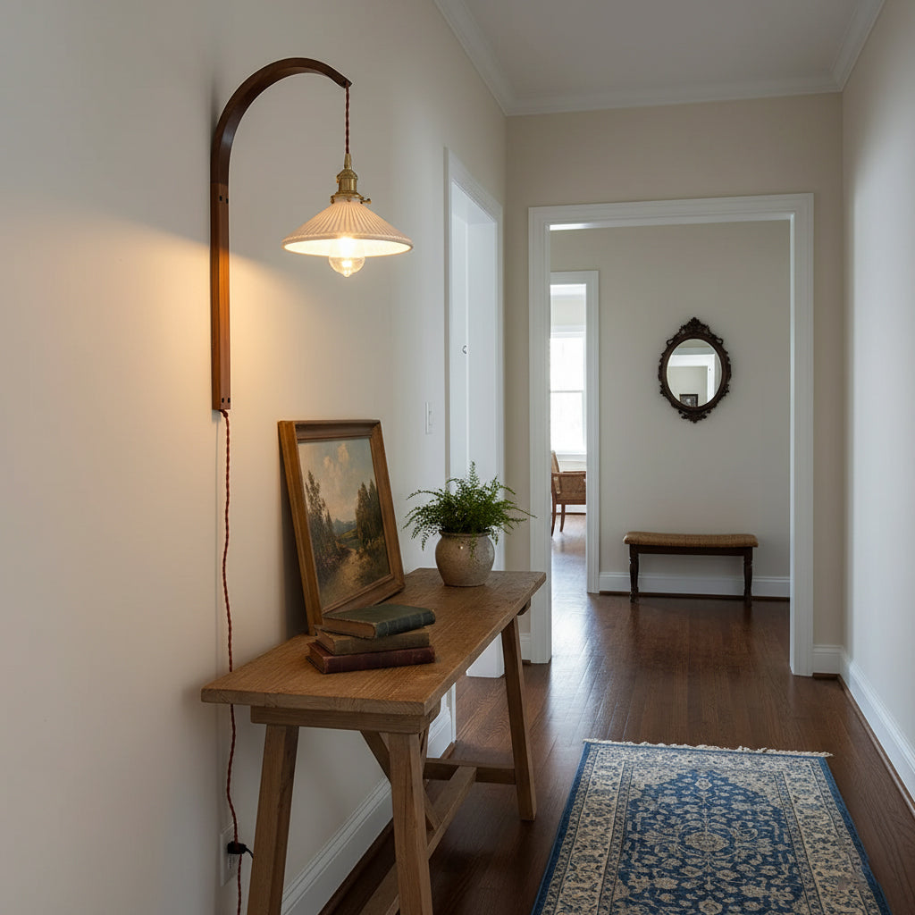 Curved Walnut Ceramic Plug-in Wall Light