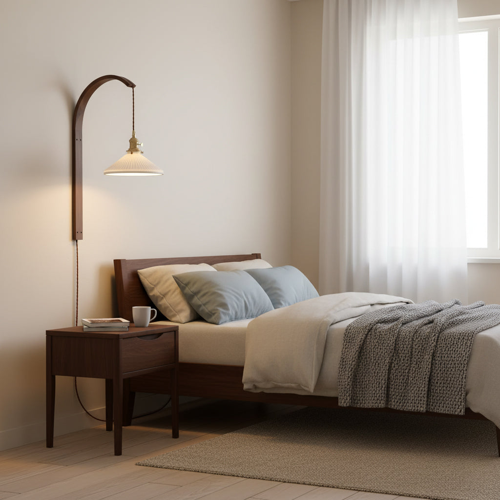 Curved Walnut Ceramic Plug-in Wall Light