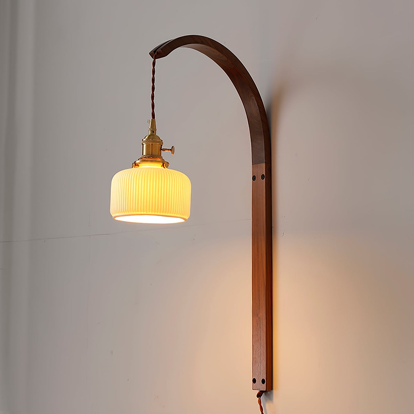 Curved Walnut Ceramic Plug-in Wall Light