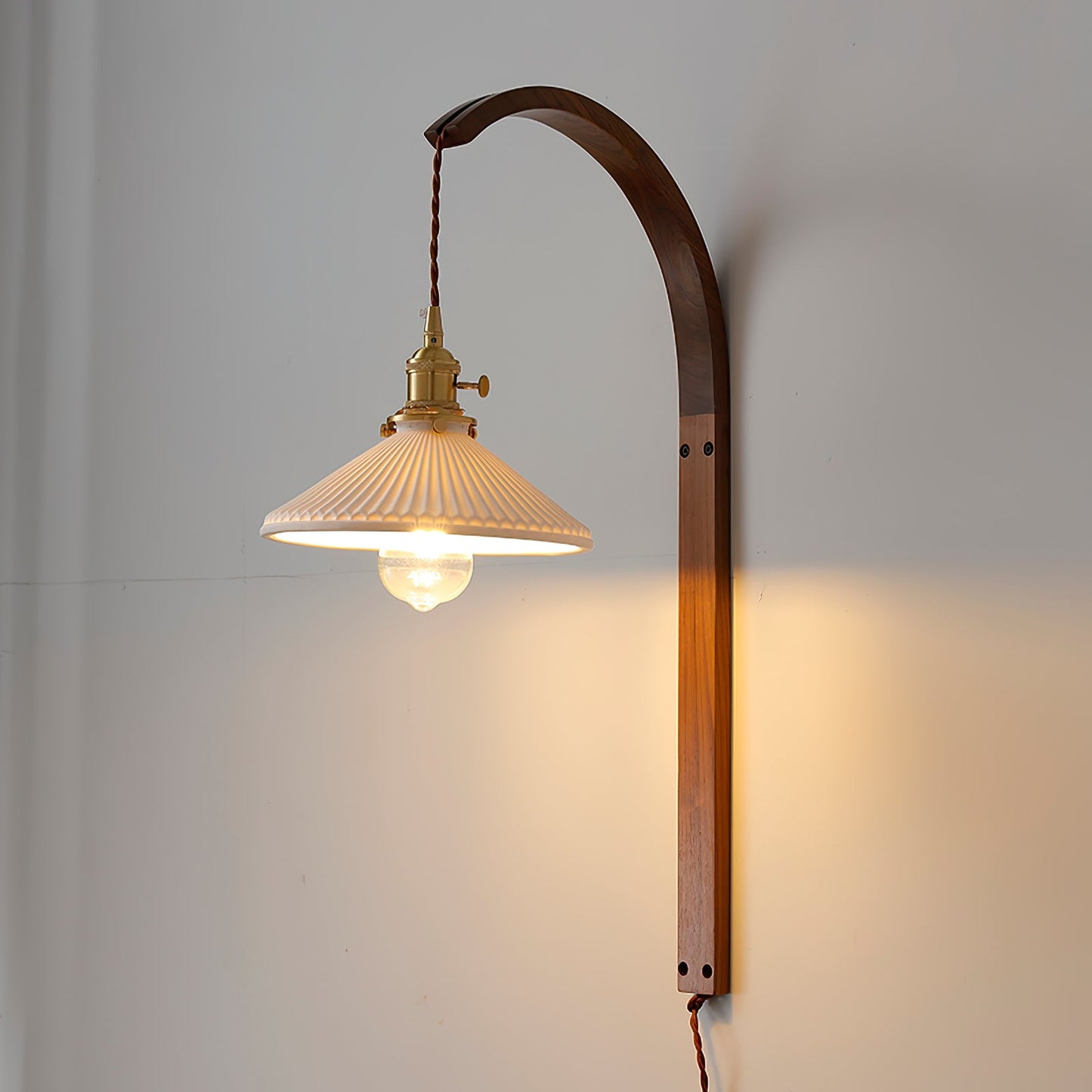 Curved Walnut Ceramic Plug-in Wall Light
