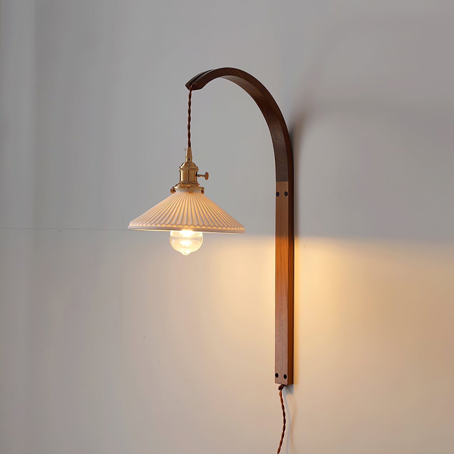 Curved Walnut Ceramic Plug-in Wall Light