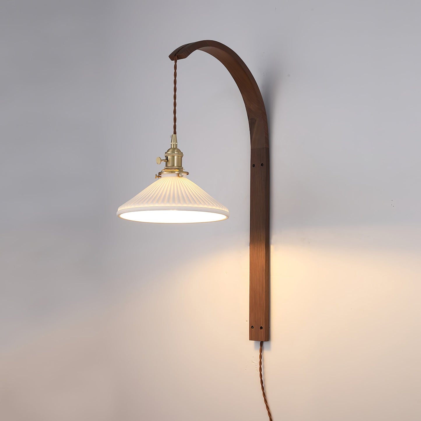Curved Walnut Ceramic Plug-in Wall Light