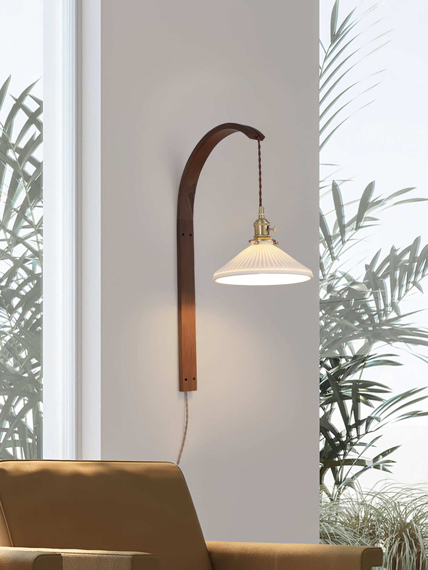 Curved Walnut Ceramic Plug-in Wall Light