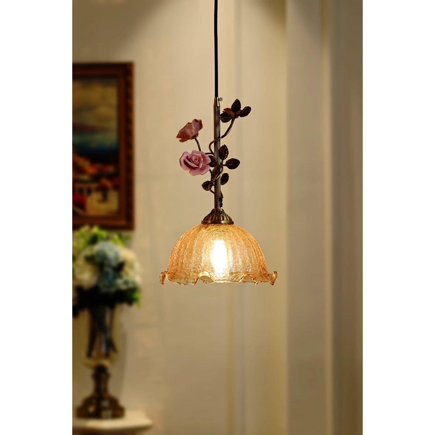 Lalique Rose Glass Pendant Lamp