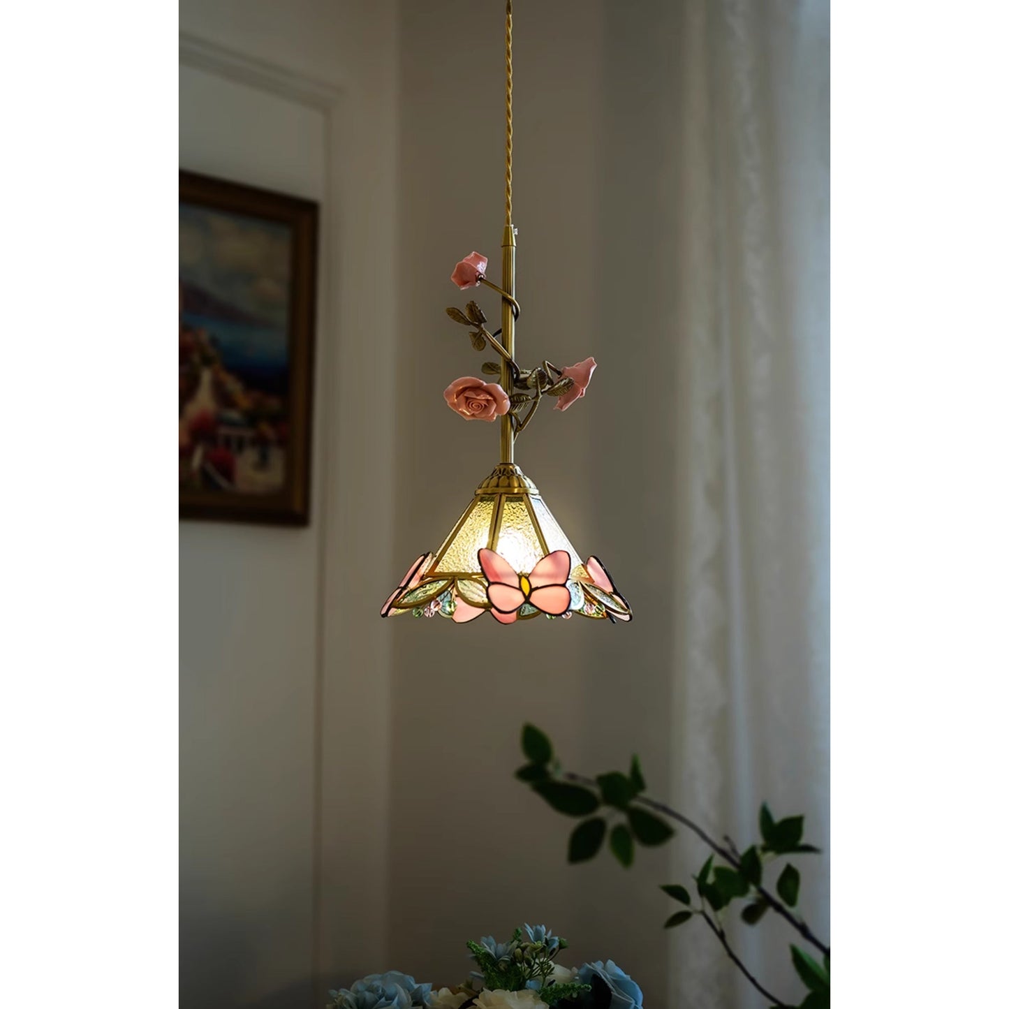 Lalique Rose Glass Pendant Lamp