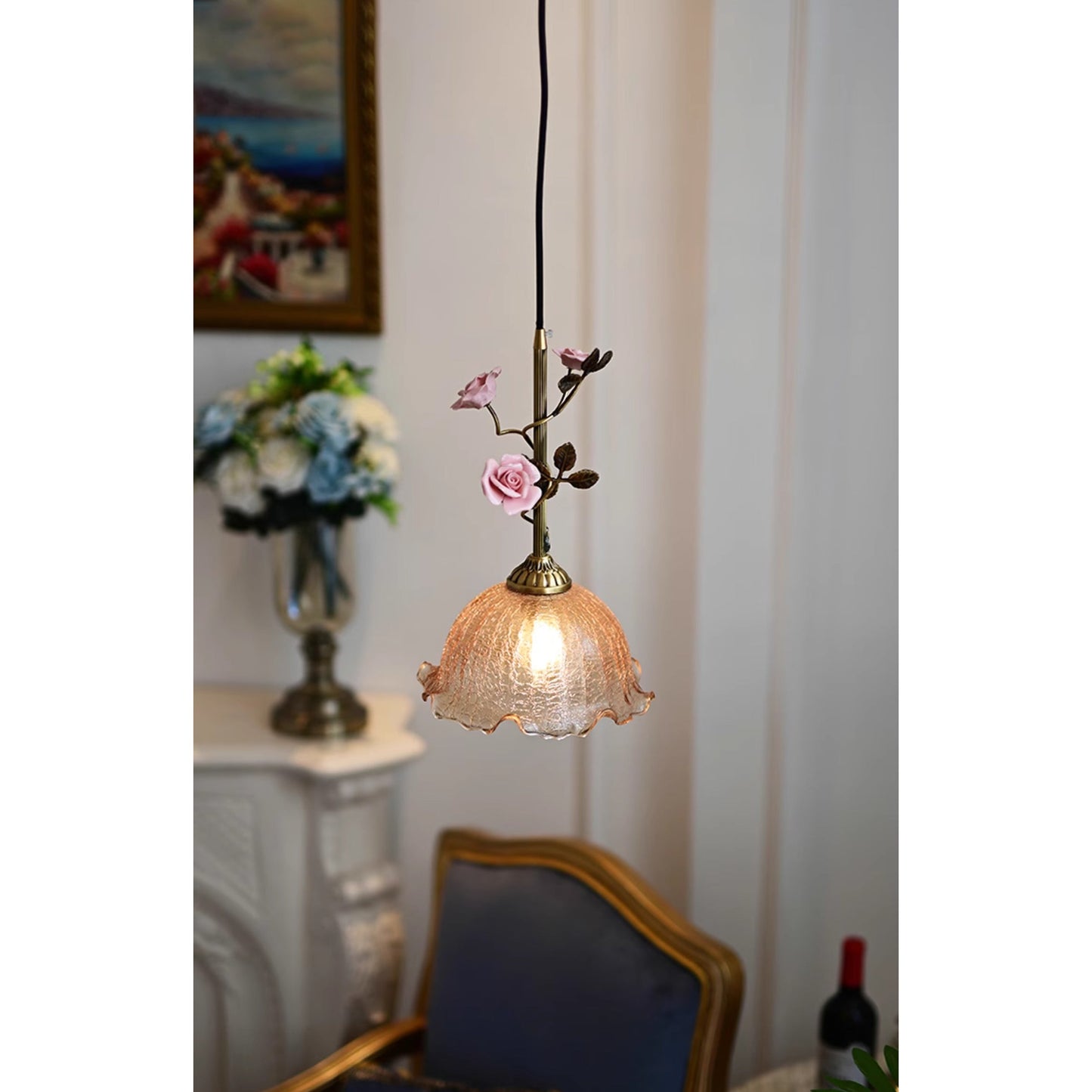 Lalique Rose Glass Pendant Lamp