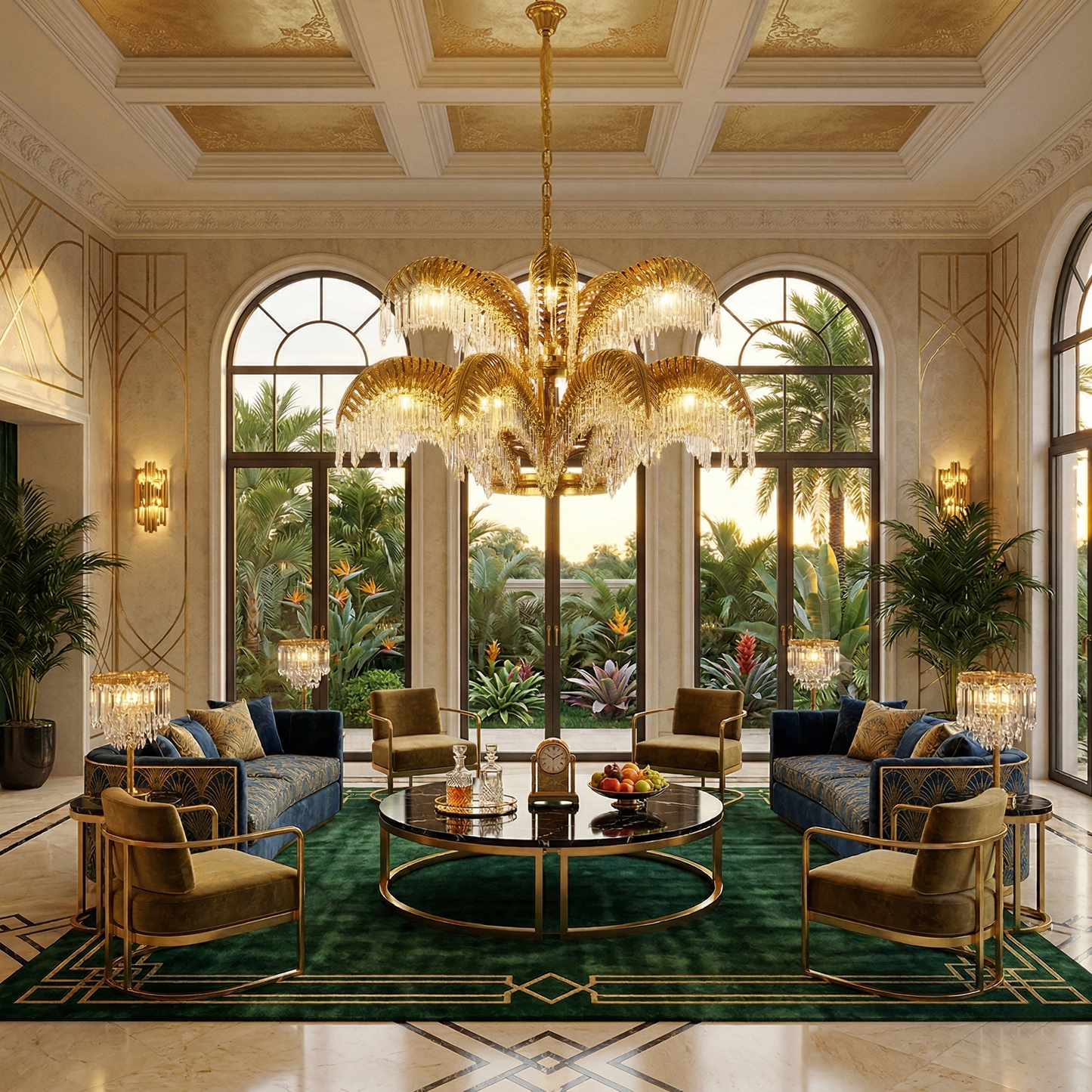 Brass Palm Leaf Crystal Chandelier