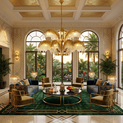 Brass Palm Leaf Crystal Chandelier