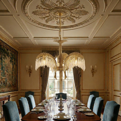 Brass Palm Leaf Crystal Chandelier