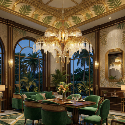 Brass Palm Leaf Crystal Chandelier