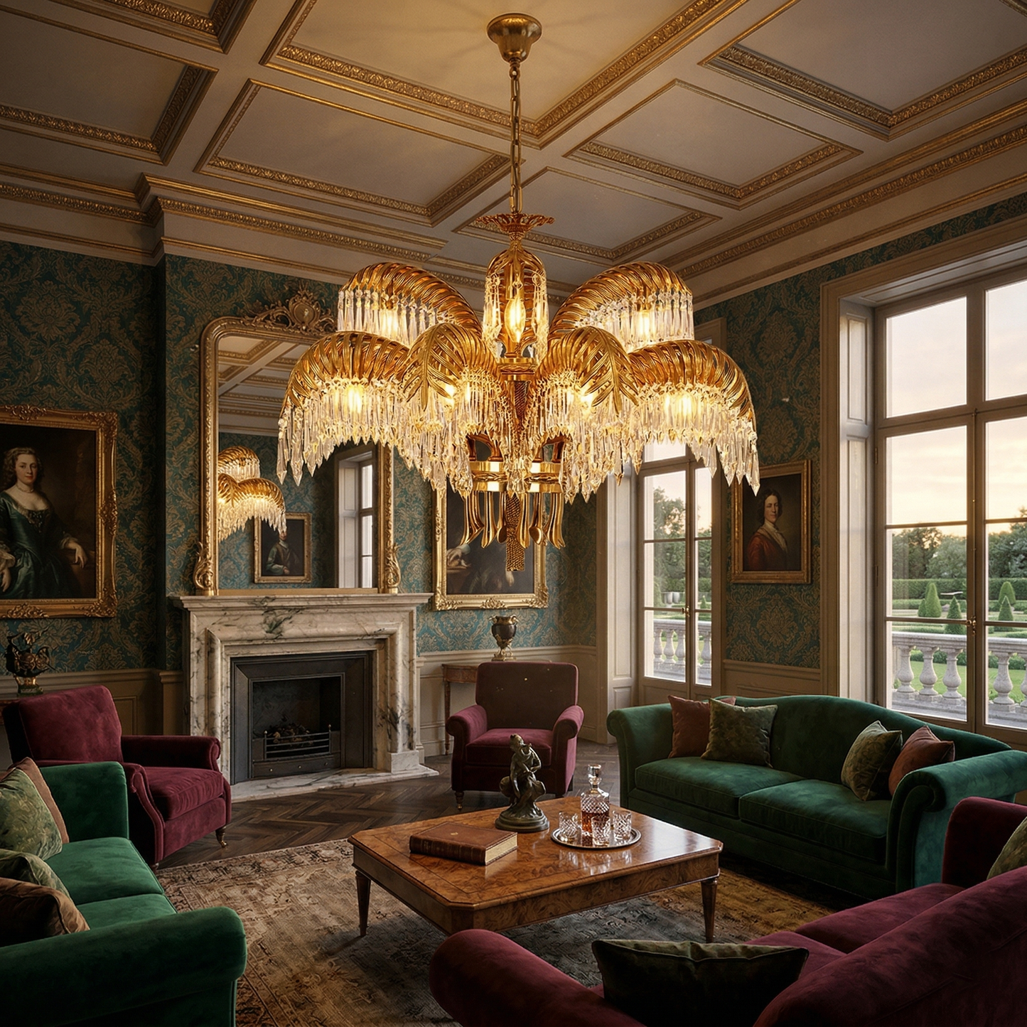 Brass Palm Leaf Crystal Chandelier