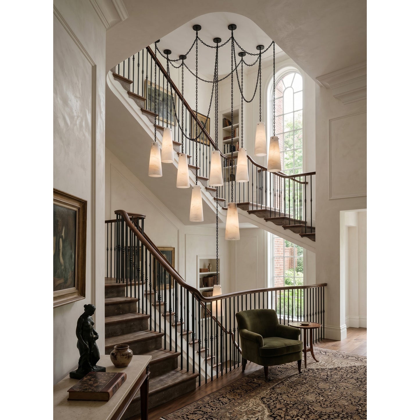 Industrial Cascade Chain Alabaster Chandelier