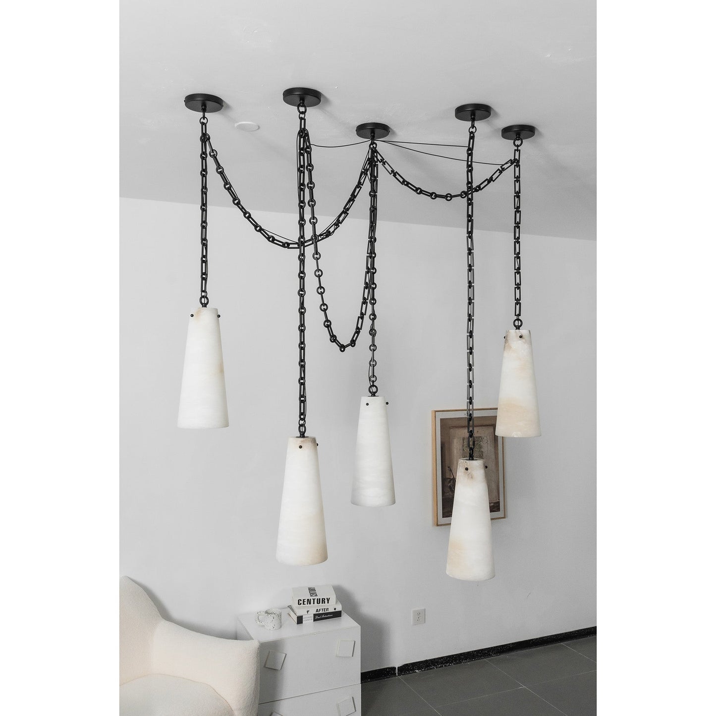 Industrial Cascade Chain Alabaster Chandelier