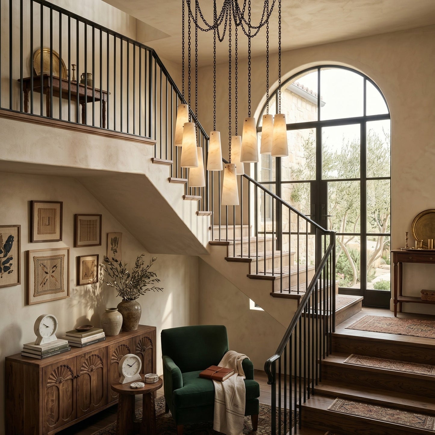 Industrial Cascade Chain Alabaster Chandelier