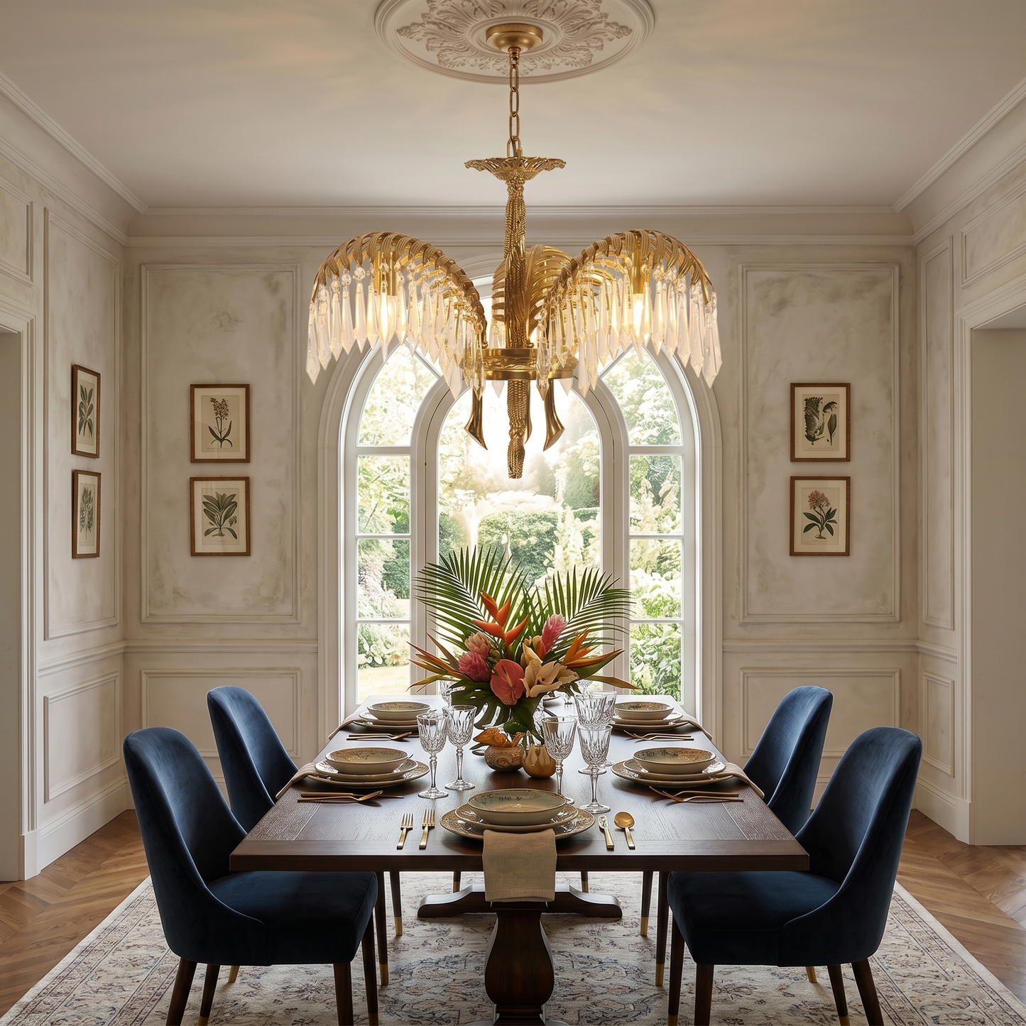 Brass Palm Leaf Crystal Chandelier